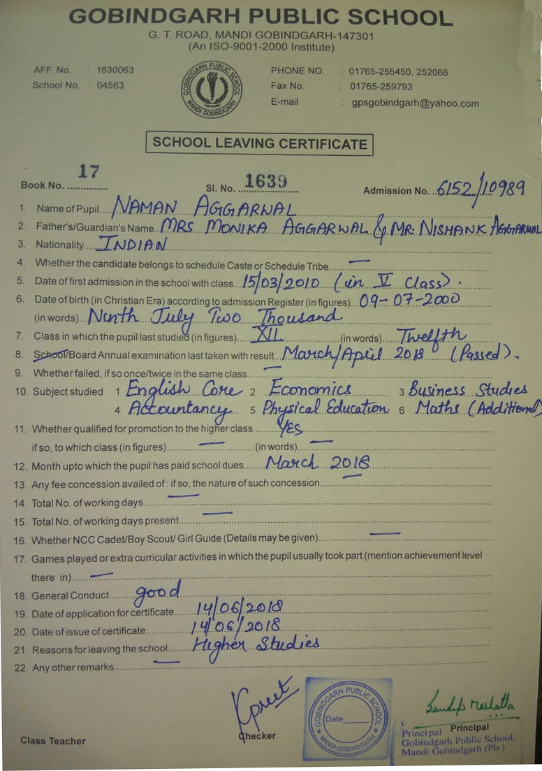School Leaving Certificate Gobindgarh Public School